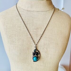 Owl southwestern boho turquoise blue crystal eyes hammered antiqued silver